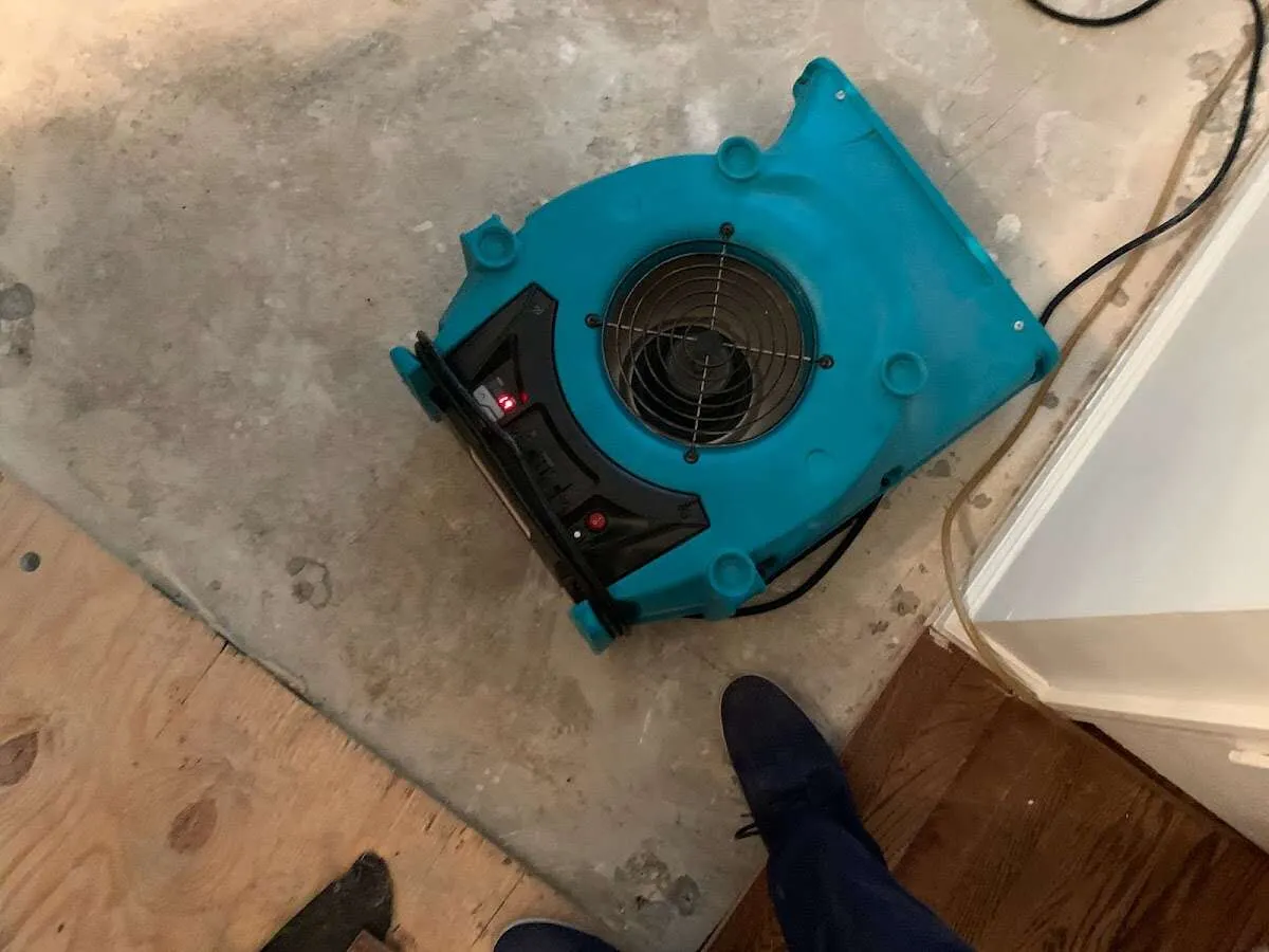 Air mover drying subfloor during Commercial Water Damage Restoration in Chillum